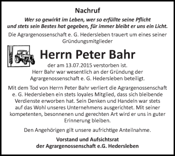 Traueranzeige von Peter Bahr von Super Sonntag Quedlinburg