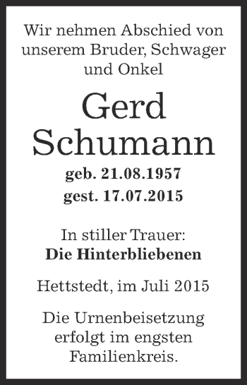 Traueranzeige von Gerd Schumann von Wochenspiegel Mansfelder Land