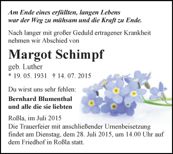 Traueranzeige von Margot Schimpf von Super Sonntag SGH Mansf. Land