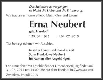 Traueranzeige von Erna Neubert von Super Sonntag Wittenberg