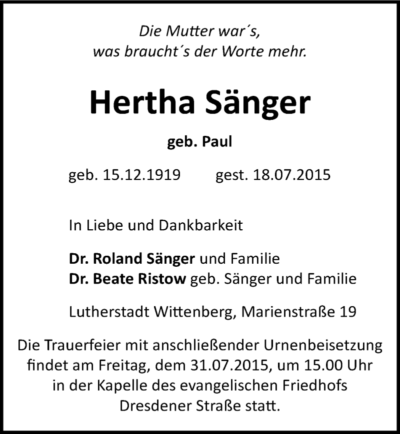  Traueranzeige für Hertha Sänger vom 25.07.2015 aus Mitteldeutsche Zeitung Wittenberg