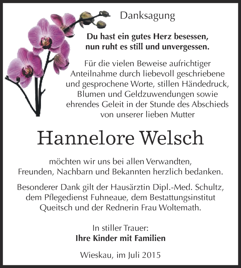  Traueranzeige für Hannelore Welsch vom 25.07.2015 aus WVG - Wochenspiegel Dessau / Köthen