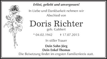 Traueranzeige von Doris Richter von WVG - Wochenspiegel Dessau / Köthen