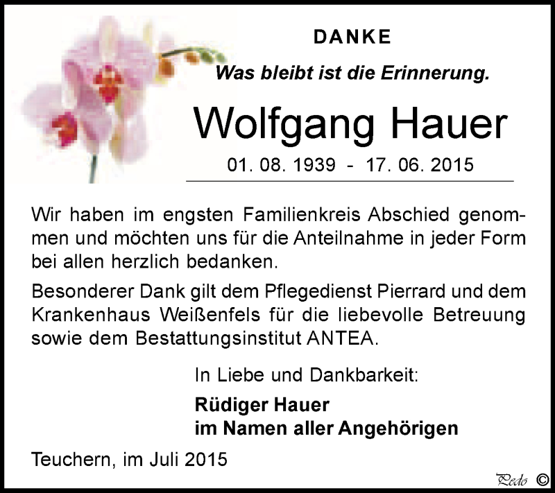  Traueranzeige für Wolfgang Hauer vom 15.07.2015 aus WVG - Wochenspiegel NMB / WSF / ZTZ
