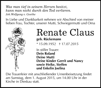 Traueranzeige von Renate Claus von Mitteldeutsche Zeitung Halle/Saalkreis