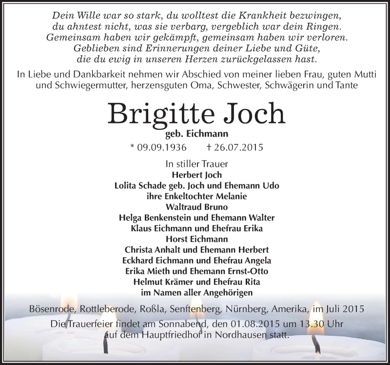  Traueranzeige für Brigitte Joch vom 31.07.2015 aus Mitteldeutsche Zeitung Sangerhausen