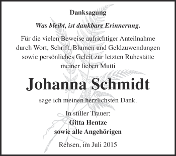 Traueranzeige von Johanna Schmidt von Super Sonntag Wittenberg