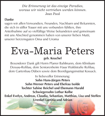 Traueranzeige von Eva-Maria Peters von WVG - Wochenspiegel Wittenberg
