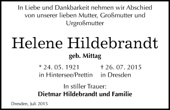 Traueranzeige von Helene Hildebrandt von Mitteldeutsche Zeitung Wittenberg