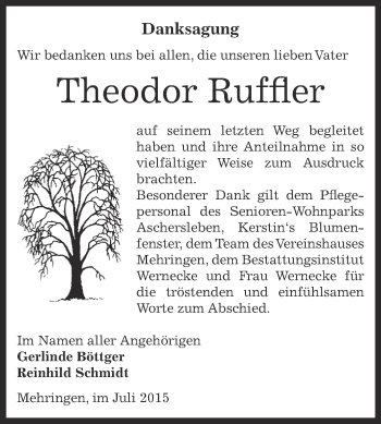 Traueranzeige von Theodor Ruffler von Super Sonntag Aschersleben