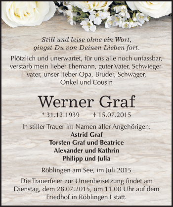 Traueranzeige von Werner Graf von Mitteldeutsche Zeitung Mansfelder Land