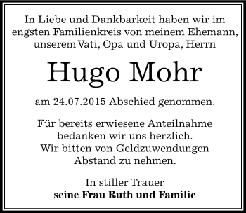 Traueranzeige von Hugo Mohr von Mitteldeutsche Zeitung Zeitz