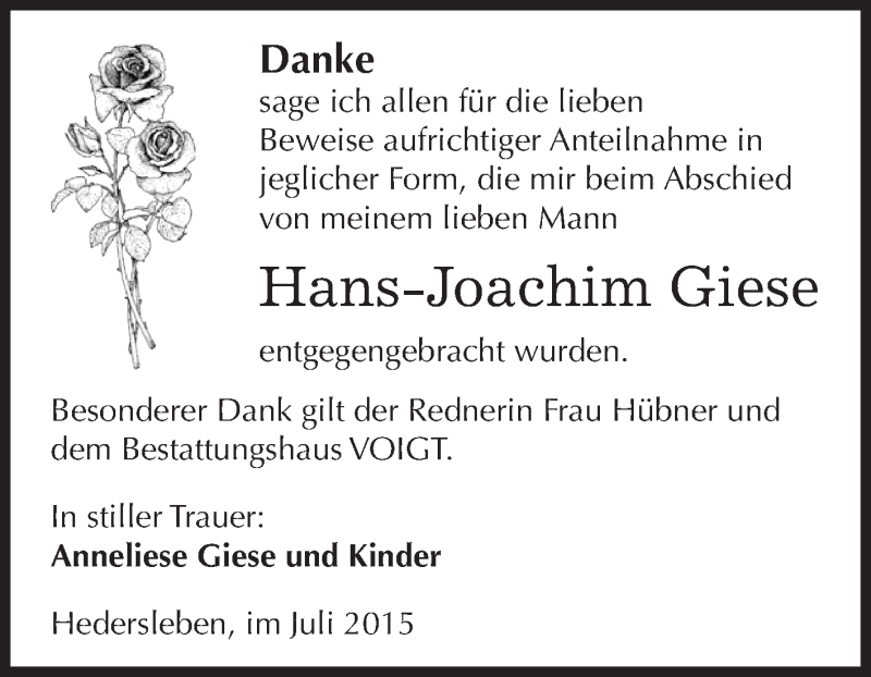  Traueranzeige für Hans-Joachim Giese vom 22.07.2015 aus Wochenspiegel Mansfelder Land