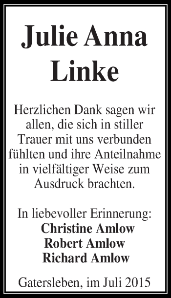 Traueranzeige von Julie Anna Linke von Super Sonntag Aschersleben