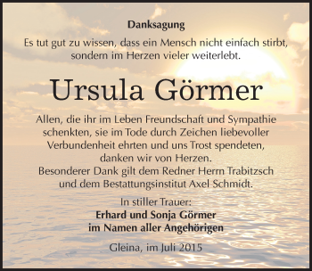 Traueranzeige von Ursula Görmer von Mitteldeutsche Zeitung Naumburg/Nebra