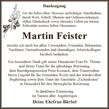 Traueranzeige von Martin Feister von WVG - Wochenspiegel Dessau / Köthen