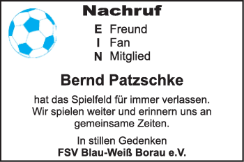 Traueranzeige von Bernd Patzschke von WVG - Wochenspiegel NMB / WSF / ZTZ