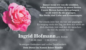 Traueranzeige von Ingrid Hofmann von WVG - Wochenspiegel Wittenberg
