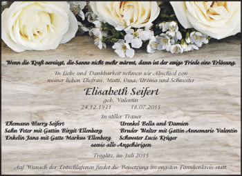 Traueranzeige von Elisabeth Seifert von Super Sonntag Zeitz