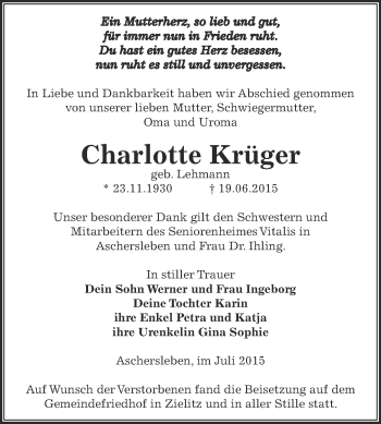 Traueranzeige von Charlotte Krüger von Super Sonntag Aschersleben