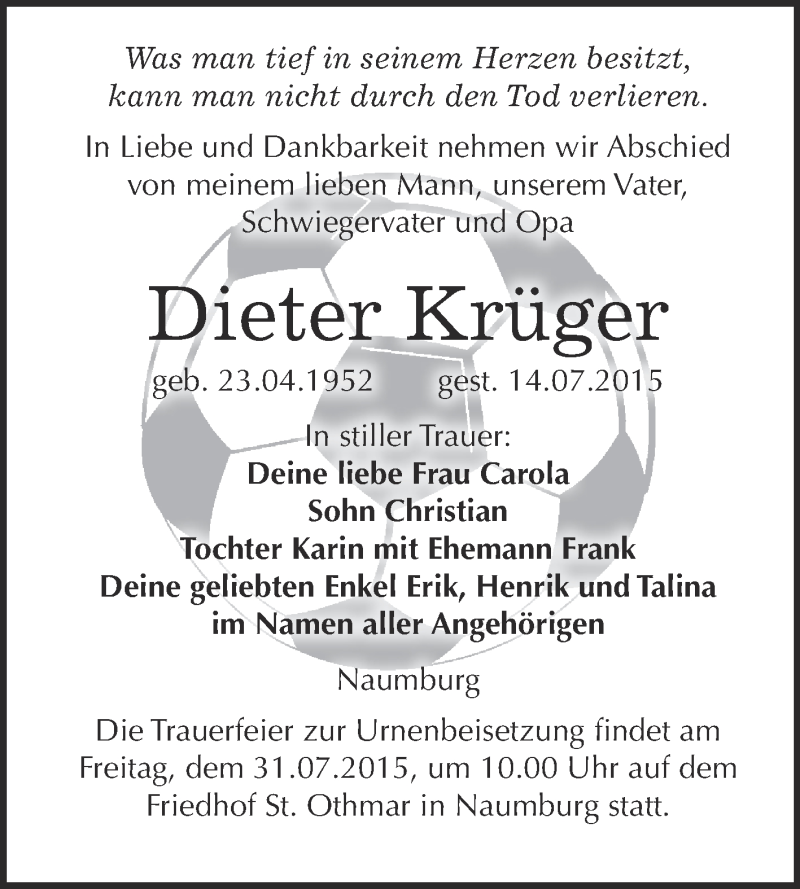  Traueranzeige für Dieter Krüger vom 22.07.2015 aus WVG - Wochenspiegel NMB / WSF / ZTZ