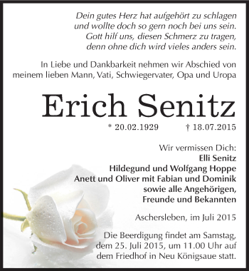 Traueranzeige von Erich Senitz von Mitteldeutsche Zeitung Aschersleben