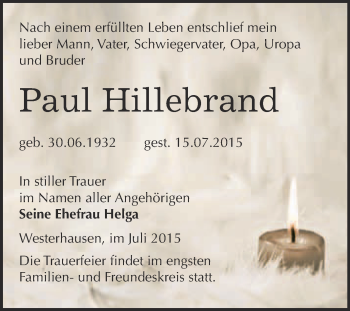 Traueranzeige von Paul Hillebrand von WVG - Wochenspiegel Quedlinburg