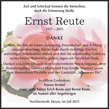 Traueranzeige von Ernst Reute von Super Sonntag Aschersleben