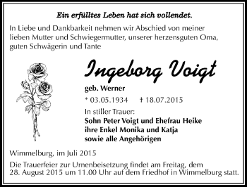 Traueranzeige von Ingeborg Voigt von Mitteldeutsche Zeitung Mansfelder Land
