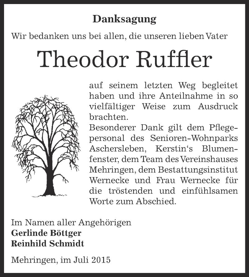  Traueranzeige für Theodor Ruffler vom 22.07.2015 aus Super Sonntag Aschersleben