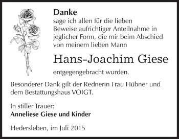 Traueranzeige von Hans-Joachim Giese von Wochenspiegel Mansfelder Land