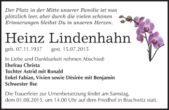 Traueranzeige von Heinz Lindenhahn von Mitteldeutsche Zeitung Halle/Saalkreis