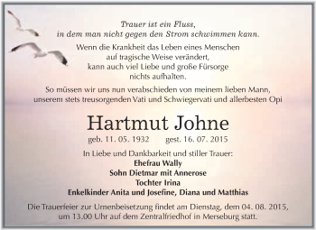 Traueranzeige von Hartmut Johne von WVG - Wochenspiegel Merseburg