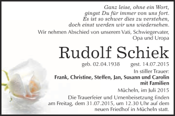 Traueranzeige von Rudolf Schiek von WVG - Wochenspiegel Merseburg