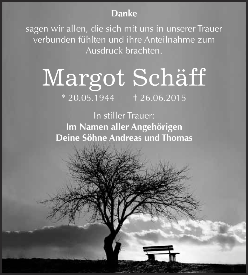  Traueranzeige für Margot Schäff vom 25.07.2015 aus Super Sonntag Wittenberg