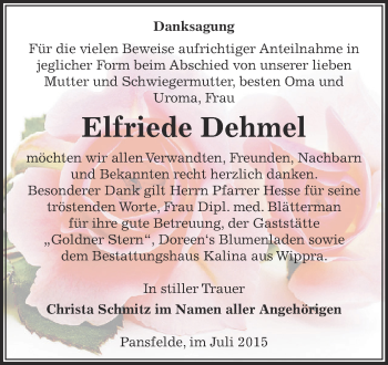 Traueranzeige von Elfriede Dehmel von Super Sonntag SGH Mansf. Land