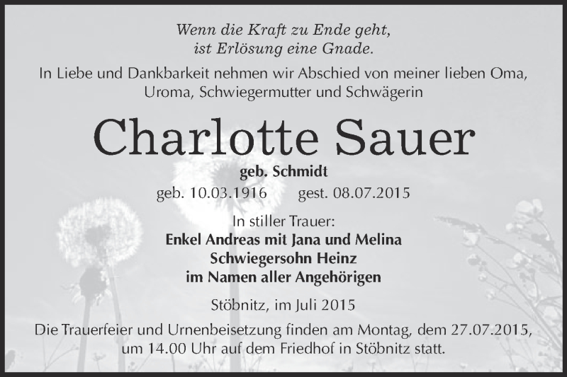  Traueranzeige für Charlotte Sauer vom 15.07.2015 aus WVG - Wochenspiegel Merseburg