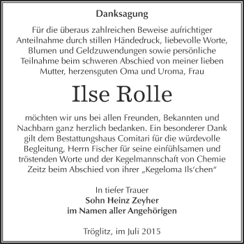 Traueranzeige von Ilse Rolle von Super Sonntag Zeitz
