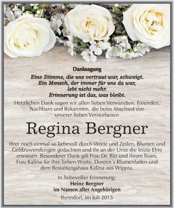 Traueranzeige von Regina Bergner von Mitteldeutsche Zeitung Mansfelder Land