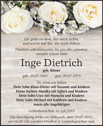 Traueranzeige von Inge Dietrich von WVG - Wochenspiegel Wittenberg