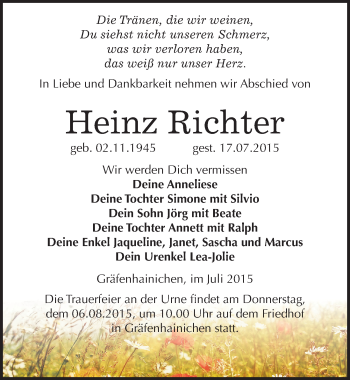 Traueranzeige von Heinz Richter von Mitteldeutsche Zeitung Wittenberg