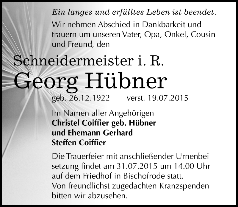 Traueranzeige für Georg Hübner vom 24.07.2015 aus Mitteldeutsche Zeitung Mansfelder Land