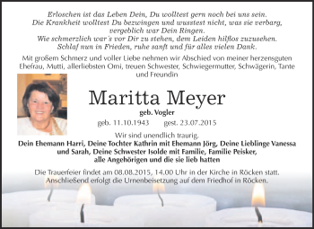 Traueranzeige von Maritta Meyer von WVG - Wochenspiegel NMB / WSF / ZTZ