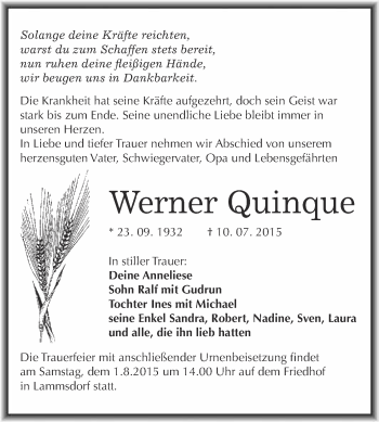 Traueranzeige von Werner Quinque von WVG - Wochenspiegel Wittenberg