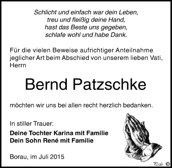 Traueranzeige von Bernd Patzschke von Mitteldeutsche Zeitung Weißenfels