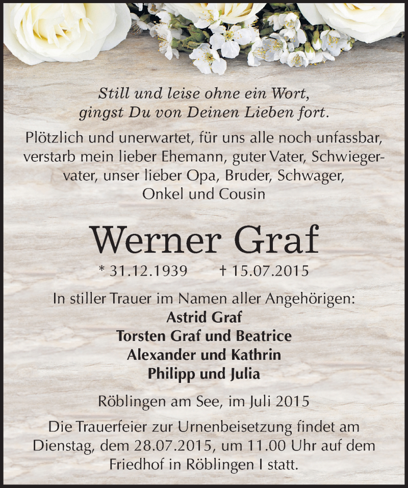  Traueranzeige für Werner Graf vom 22.07.2015 aus Mitteldeutsche Zeitung Mansfelder Land