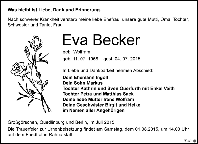  Traueranzeige für Eva Becker vom 15.07.2015 aus WVG - Wochenspiegel NMB / WSF / ZTZ
