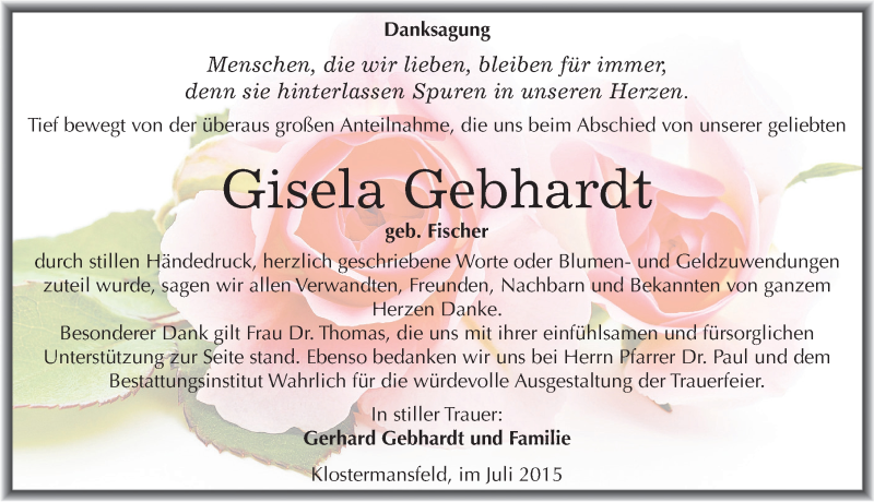  Traueranzeige für Gisela Gebhardt vom 24.07.2015 aus Mitteldeutsche Zeitung Mansfelder Land