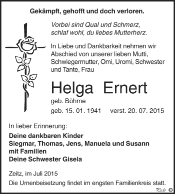 Traueranzeige von Helga Ernert von Super Sonntag Zeitz