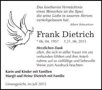 Traueranzeige von Frank Dietrich von WVG - Wochenspiegel SGH